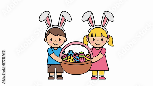 A cheerful boy and girl wearing bunny ears, joyfully holding a basket brimming with colorful, decorated Easter eggs