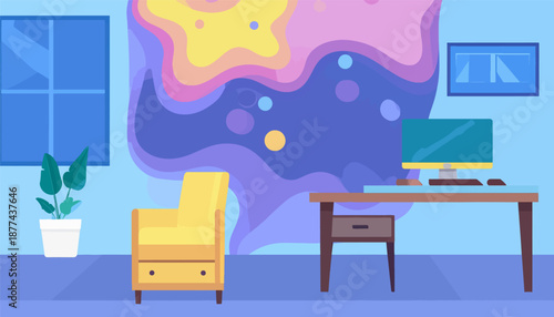 A bright room with a desk, computer, armchair, and potted plant