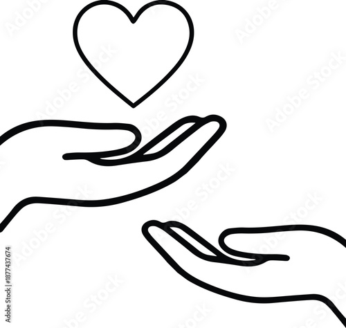 Minimalist line art illustration of hands exchanging a floating heart icon, symbolizing charity, compassionate giving, relationship support, and emotional care concept.