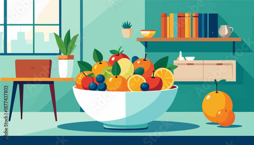 A bright still life illustration of a fruit bowl on a table by a window, with books on a shelf