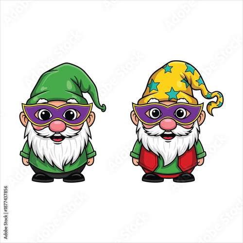 Cheerful gnomes celebrating in festive mardi gras masquerade outfits