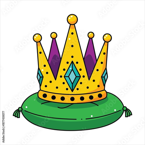 A vibrant golden cartoon crown adorned with jewels resting majestically on a soft green cushion