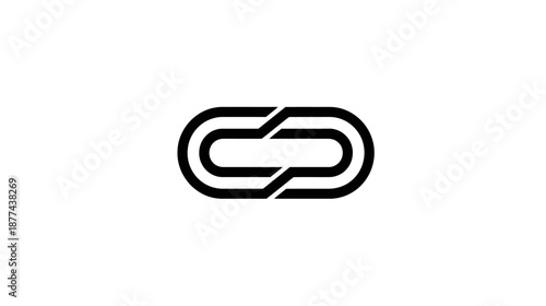 Black graphic design featuring a stylized linked shape. The shape is an elongated oval with lines