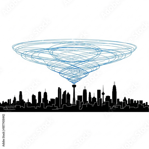 Futuristic cityscape with UFO hovering above skyline