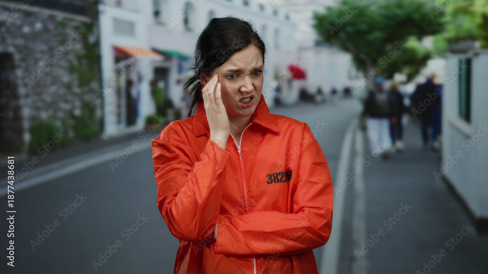 Fototapeta premium Woman wearing orange prison jumpsuit stands on street appearing frustrated and confused outdoors.