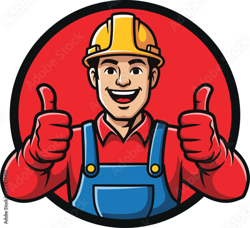 Smiling construction worker cartoon mascot giving thumbs up, professional handyman illustration for repair services, branding, logos, and industrial design