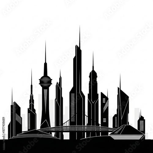 Modern cityscape with sleek skyscrapers and bridge