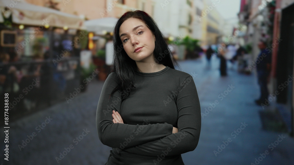 Fototapeta premium Woman standing with crossed arms on bustling street showcasing urban life with casual confidence and brunette hair.