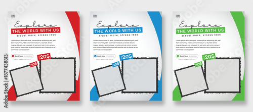 Explore The World Travel Agency Flyer With Photo Frames And Price Tags, Advertisement Poster, Social media Post