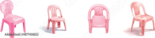 Watercolor Simple pink plastic chair for children set. Isolated on white background