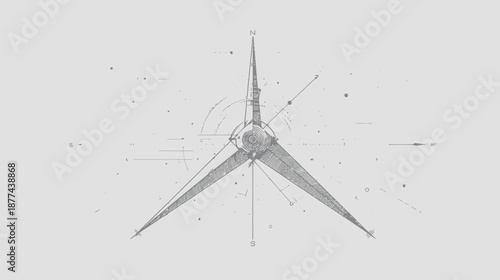 Stylized, minimalist compass illustration. Grey on grey, with compass points marked