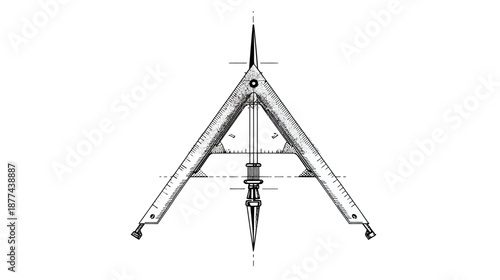 A technical drawing of a specialized tool. The tool is symmetrical, triangular, and has a central shaft