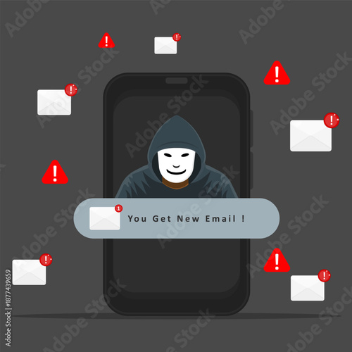 Phishing scam alert hacker sending malicious emails to smartphone. Warning about cybercrime, email fraud, online threats, and digital security risks.