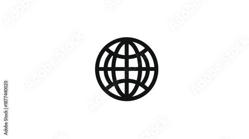 Black graphic depicting a stylized globe. It features lines representing parallels and meridians