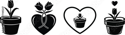 Silhouette of plants in heart shaped pots and outlines