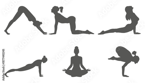 Collection of diverse yoga poses silhouettes on transparent background