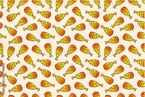 Fried chicken seamless pattern background. Fried chicken thigh pattern. Cartoon fried chicken pattern background. Fast food pattern background.
