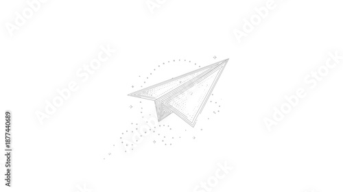 A grayscale paper airplane design with dotted lines and small sparkles against a plain white background