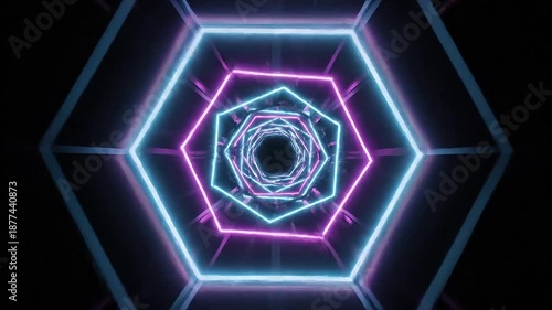 Futuristic neon hexagons forming a mesmerizing pattern in a dark environment from a central viewpoint