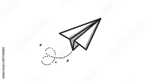 A hand-drawn paper airplane illustration with a dotted flight path on a clean white background