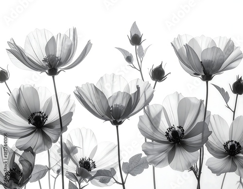A grayscale floral arrangement with numerous flowers and stems against a white background