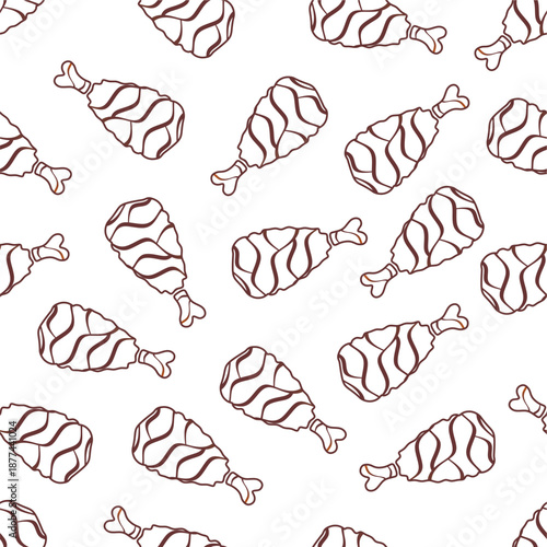 Doodle fried chicken seamless pattern background. Fried chicken thigh doodle pattern. Doodle fried chicken thigh pattern background. Fast food doodle pattern background.