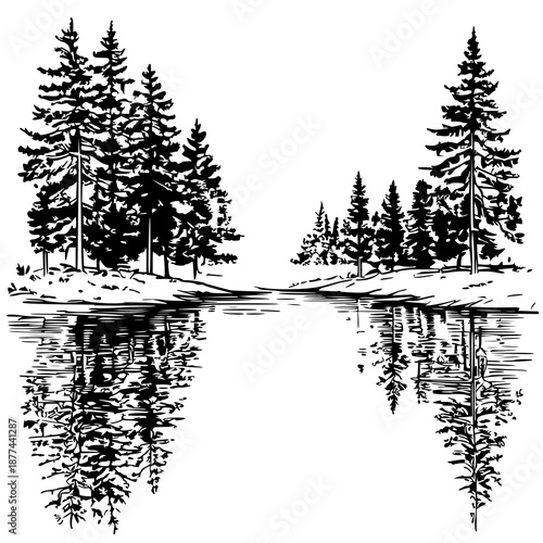 Minimalist pine tree line art illustration of forest reflected in calm lake, clean vector style nature background for design projects