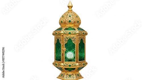 Luxury fanous lantern gold and emerald color single object centered white background