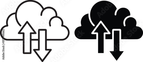 cloud computer icon, black and white silhouette, minimal flat design, vector graphic flat design icon database management, and secure digital data
