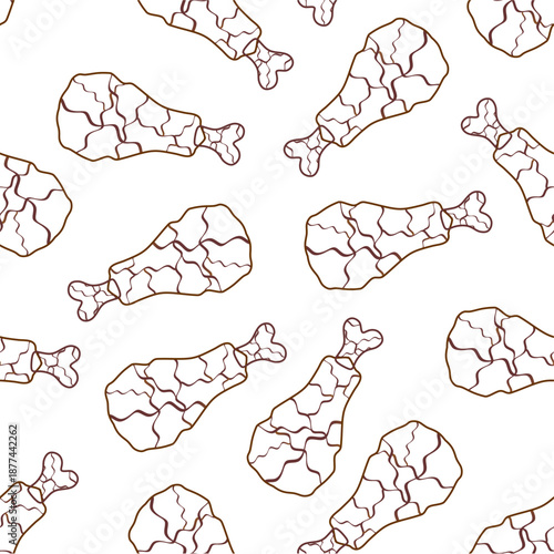 Doodle fried chicken seamless pattern background. Fried chicken thigh doodle pattern. Doodle fried chicken thigh pattern background. Fast food doodle pattern background.