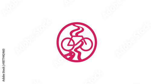 A stylized crimson circular logo featuring a bicycle silhouette intermixed with a winding road