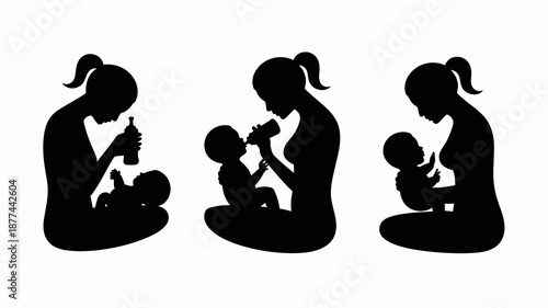 a series of three black silhouette images depicting a mother lovingly cradling and feeding a baby showcasing the stages of motherhood high quality professional detailed modern