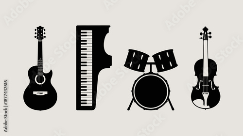 a minimalist illustration showcases a collection of musical instruments including a guitar piano drum set and violin all in black silhouettes high quality professional detailed modern