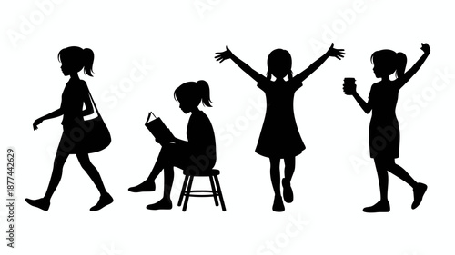 a silhouette illustration depicts four girls in various poses showcasing different stages of life or emotional states suggesting growth and change high quality professional detailed modern
