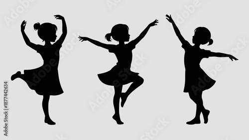 three silhouettes of young girls are depicted joyfully dancing arms raised in dynamic poses showcasing a sense of movement and childlike exuberance high quality professional detailed