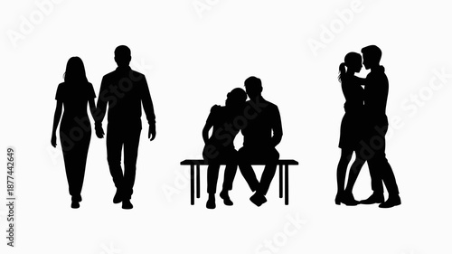 a minimalistic black silhouette depiction showcases couples in varying stages of relationships from walking hand in hand to intimately embracing conveying connection high quality professional detailed