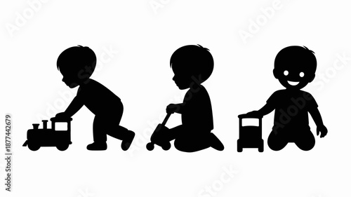 a silhouette illustration depicts three young boys engaged in play with classic toys showcasing different developmental stages of childhood high quality professional detailed modern elegant stylish