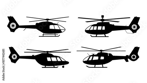 a detailed illustration showcases four distinct black silhouettes of helicopters presenting various perspectives of the aircraft s design high quality professional modern elegant stylish clean crisp