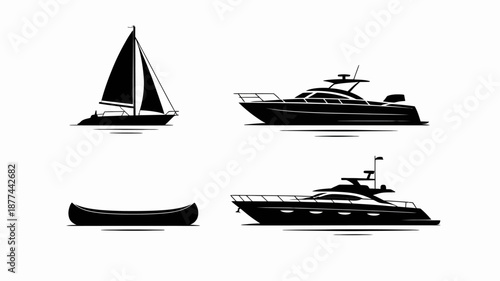 a minimalist black and white depiction showcases a variety of watercraft including a sailboat a motor yacht a canoe and a smaller speed boat high quality