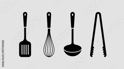 a simple illustration displays four black kitchen utensils arranged horizontally a spatula whisk ladle and tongs on a light gray background high quality professional detailed modern