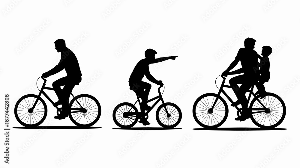 Obraz premium a minimalist depiction showcases three silhouetted figures riding bicycles in a row illustrating a family activity or journey simple and graphic high quality professional detailed modern