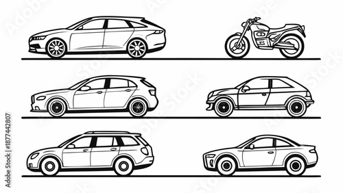 Modern vehicles in sleek black and white line art style