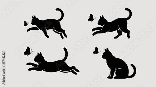 a playful scene depicting silhouettes of black cats leaping and interacting with delicate butterflies creating a charming visual composition high quality professional detailed modern elegant stylish