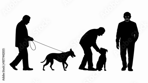 a silhouetted depiction showcases a man walking a dog on a leash alongside another man and his canine companion high quality professional detailed modern elegant stylish
