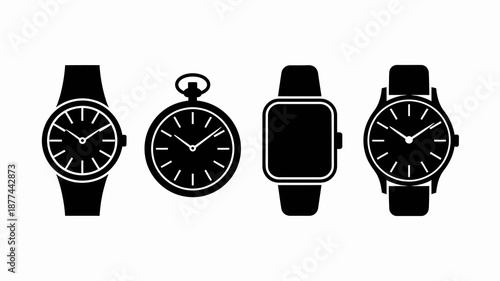a monochrome illustration showcases four distinct timekeeping devices a classic wristwatch a vintage pocket watch a modern smartwatch and another wristwatch high quality professional detailed elegant