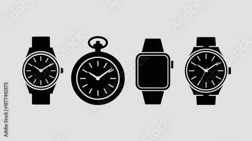 a visual collection depicts four distinct timepieces showcasing a traditional wristwatch a classic pocket watch a modern smartwatch and another wristwatch design high quality professional detailed