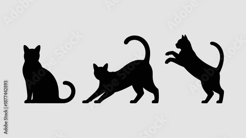 a minimalist depiction of three black cat silhouettes showcases varying feline poses against a plain white backdrop creating a simple yet elegant design high quality professional