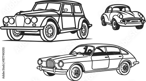 Vintage cars in sleek black silhouettes on dark background