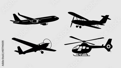 a simple graphic illustration depicts a collection of various aircraft silhouettes including airplanes and a helicopter against a plain background high quality professional detailed modern elegant