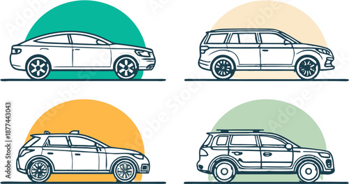 Modern cars and SUVs in minimalist colorful backgrounds